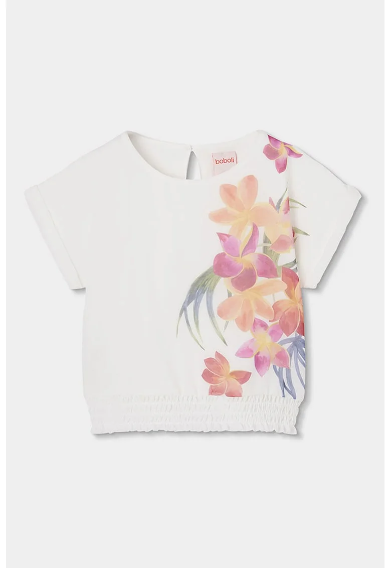 Tricou cu decolteu rotund si model floral, Verde/Violet/Alb murdar