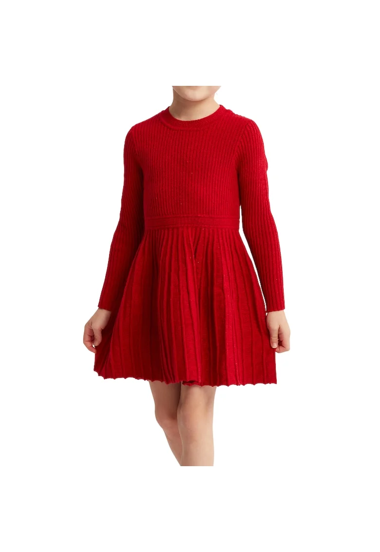Rochie Fetiță Elegantă din Bumbac Moale, cu Mâneci Lungi și Pliseuri, pentru Ocazii Speciale