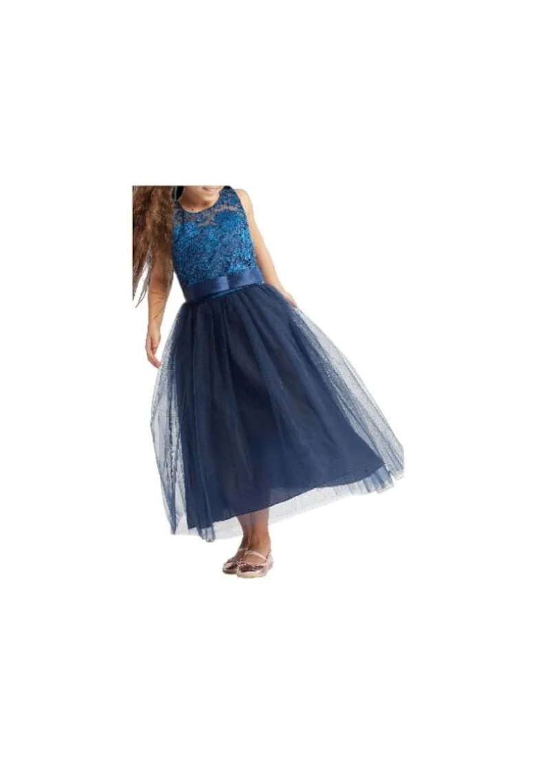 Rochie Fetițe Margaret Albastru Întunecat, Eleganță și Confort, cu Dantelă, Tul și Fundiță Satinată
