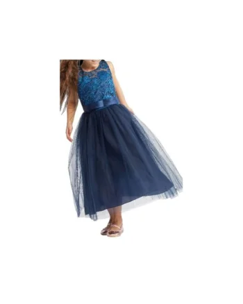 Rochie Fetițe Margaret Albastru Întunecat, Eleganță și Confort, cu Dantelă, Tul și Fundiță Satinată