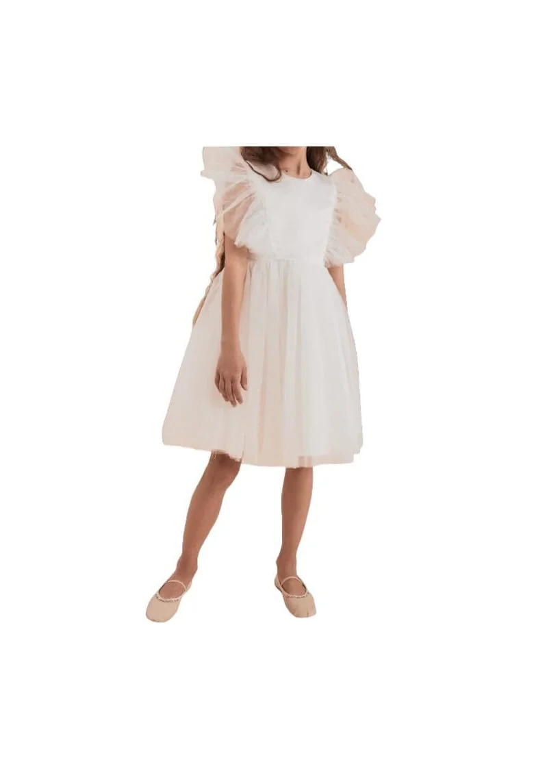 Rochie elegantă pentru fete Marcella, albă, cu tul fin și nasturi perlați, ideală pentru ocazii speciale