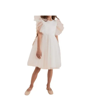 Rochie elegantă pentru fete Marcella, albă, cu tul fin și nasturi perlați, ideală pentru ocazii speciale