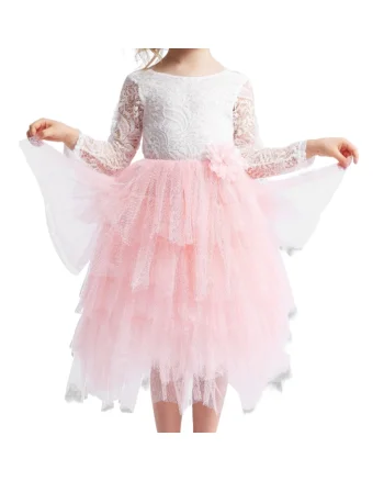 Rochie Eleganta Fetita Angel Long cu Dantela Alba si Tul Roz – Perfecta pentru Ocazii Speciale