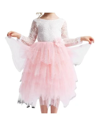 Rochie Eleganta Fetita Angel Long cu Dantela Alba si Tul Roz – Perfecta pentru Ocazii Speciale