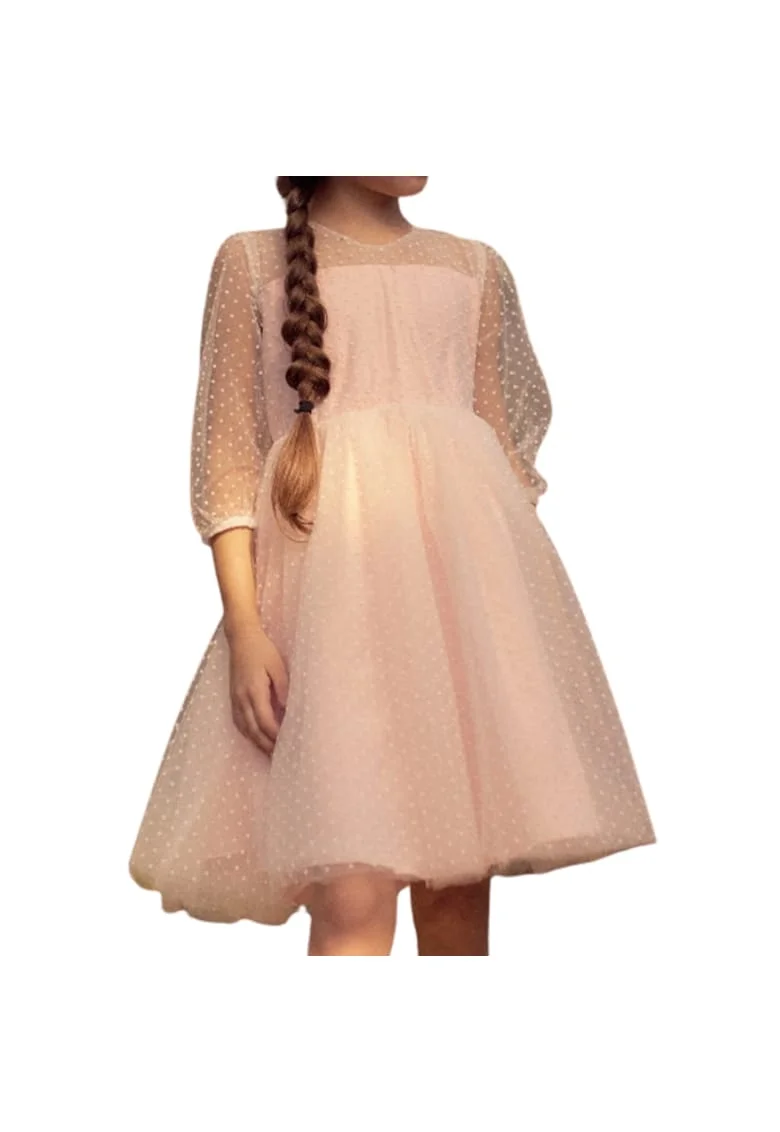 Rochie Elegantă Fetiță Gisele, Roz Delicat, din Tulle cu Buline – Ideală pentru Ocazii Speciale, Nunți, Botezuri și Zile de Naștere