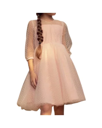 Rochie Elegantă Fetiță Gisele, Roz Delicat, din Tulle cu Buline – Ideală pentru Ocazii Speciale, Nunți, Botezuri și Zile de Naștere