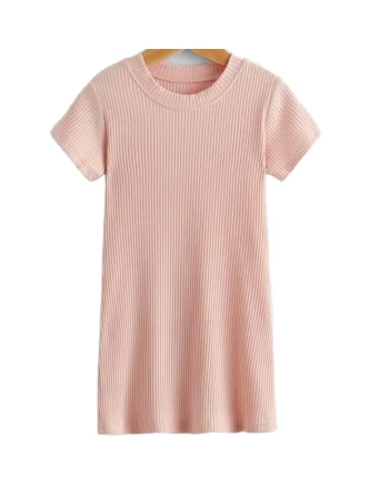 Rochie Fetițe Eve Pink din Bumbac Moale cu Textură în Dungi, Roz Pudră