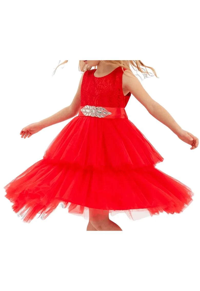 Rochie elegantă pentru fetițe Chantal, roșie, fără mâneci, cu talie decorativă și poală asimetrică din tul, ideală pentru ocazii speciale