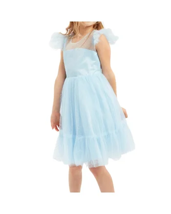 Rochie Eleganta Fetite Ornella Albastru Deschis din Tulle cu Buline - Ideala pentru Evenimente Speciale, Nunta, Botez, Aniversare, Albastru