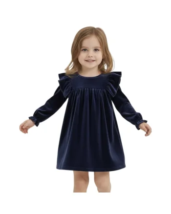 Rochie fetite  Idalia din velur, maneca lunga, bleumarin, Bleumarin