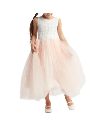 Rochie elegantă din tul și dantelă Liv pentru fete - Perfectă pentru nunți, botezuri, baluri și aniversări, Roz