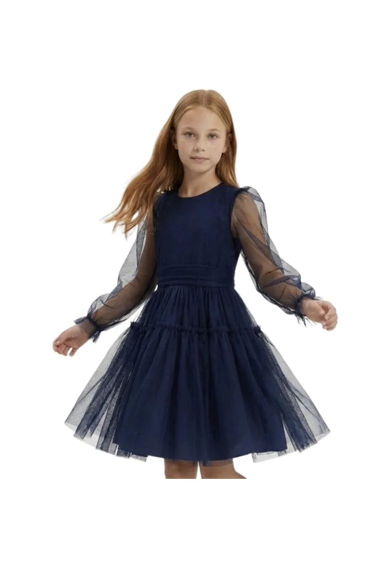 Rochie eleganta fetite  Holly, tul si maneci transparente, bleumarin, Bleumarin