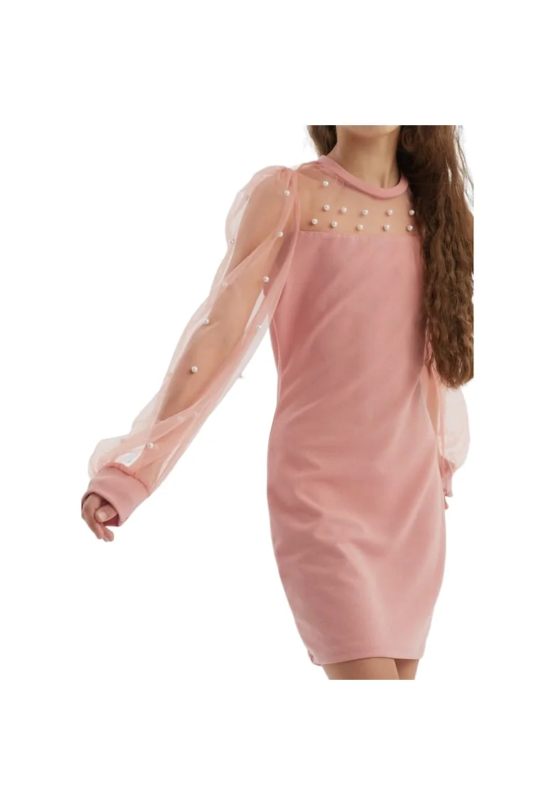 Rochie Fetiță Elegantă Swing Roz cu Mâneci Transparente și Perle – Ideală pentru Ocazii Speciale și Sărbători, Roz