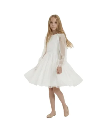Rochie eleganta fete  Holly Tulle Maneca Lunga Alb, Alb