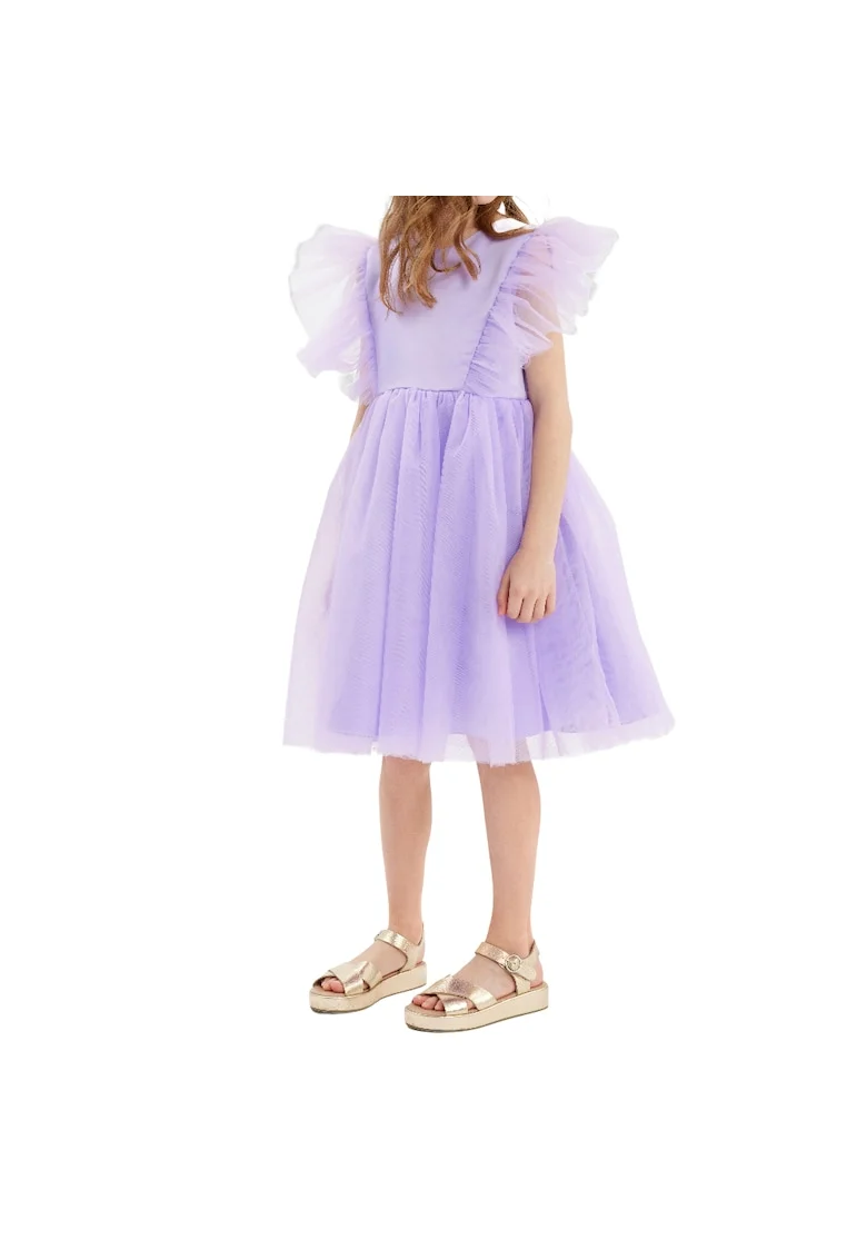 Rochiță Fetițe Marcella Mov pentru Ocazii Speciale - Elegantă, cu Mâneci din Tulle și Nasturi Perlați, Violet