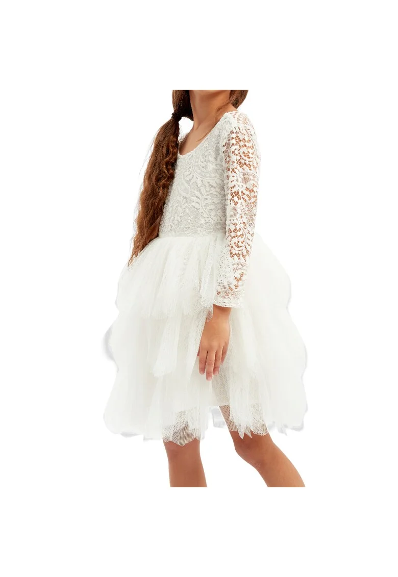 Rochie Fetiță Elegantă Angel Long Sleeve din Dantelă și Tul Alb – Perfectă pentru Ocazii S, Alb