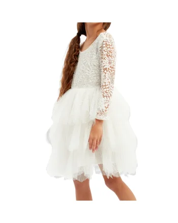 Rochie Fetiță Elegantă Angel Long Sleeve din Dantelă și Tul Alb – Perfectă pentru Ocazii S, Alb