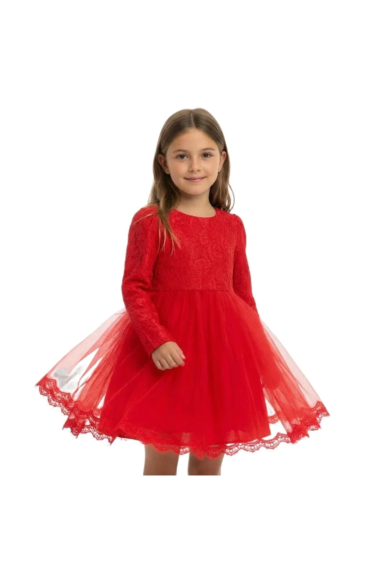 Rochie fetite  Kayra din dantela si tulle, cu funda mare la spate, Rosu, Rosu