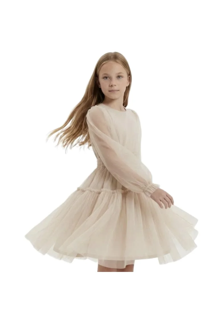 Rochie eleganta fete  Holly, bej, tulle, maneca lunga, Bej