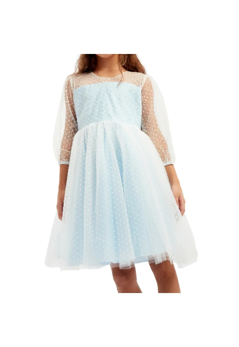 Rochie Eleganță Prințesă Gisele pentru Fetițe, din Tul Albastru cu Buline și Fundiță Detasabilă – Ideală pentru Ocazii Speciale, Albastru