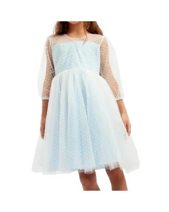 Rochie Eleganță Prințesă Gisele pentru Fetițe, din Tul Albastru cu Buline și Fundiță Detasabilă – Ideală pentru Ocazii Speciale, Albastru