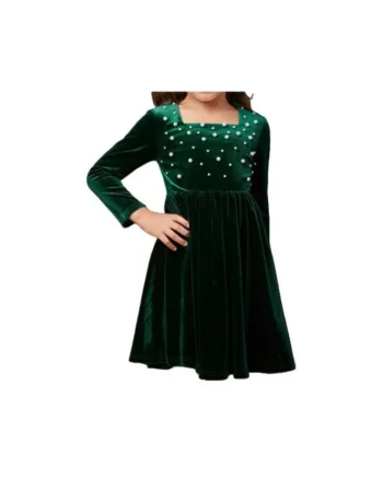 Rochie elegantă din velur verde pentru fetițe Charlotte, cu aplicații din perle – ideală pentru ocazii speciale