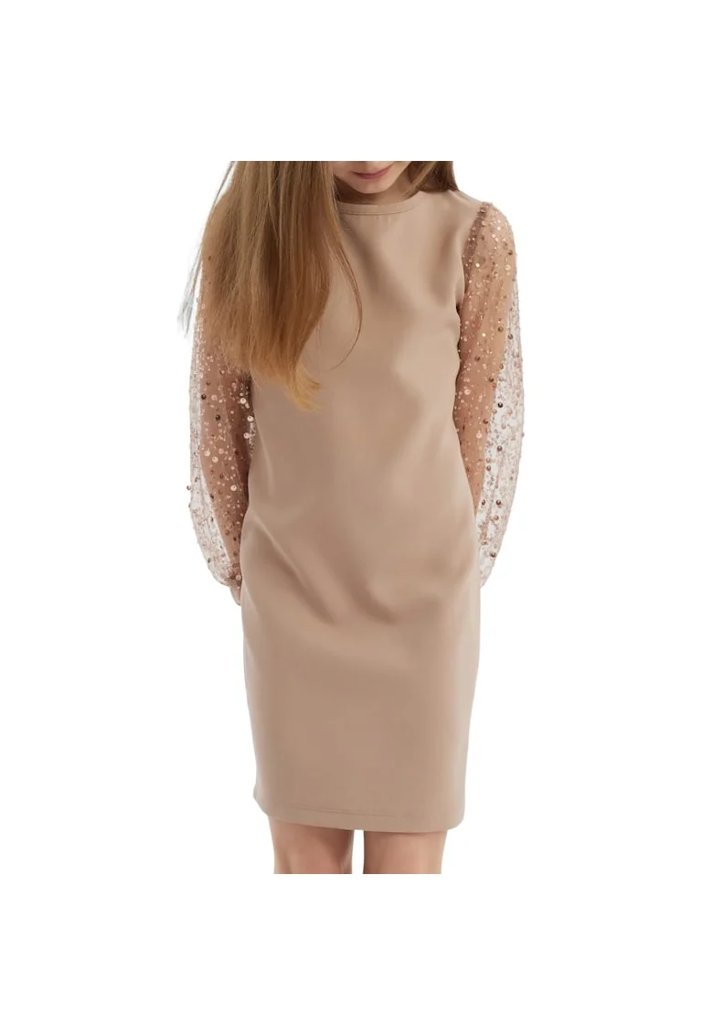 Rochie elegantă pentru fete Vivienne - Design rafinat cu mâneci din tul cu paiete, confort și stil pentru evenimente speciale, Bej