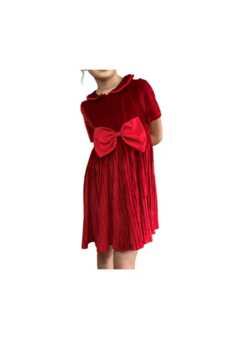 Rochie elegantă pentru fetițe Raisa, din catifea roșie cu pliuri, ideală pentru evenimente speciale și ocazii festive, Rosu
