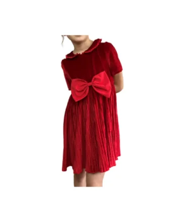 Rochie elegantă pentru fetițe Raisa, din catifea roșie cu pliuri, ideală pentru evenimente speciale și ocazii festive, Rosu