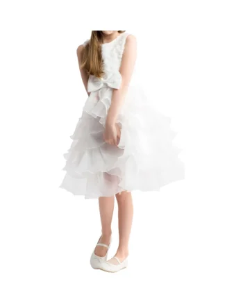 Rochie de Comunie pentru Fete Elodie – Eleganță și Rafinament în Alb, cu Design 3D și Fundiță Delicată, Alb