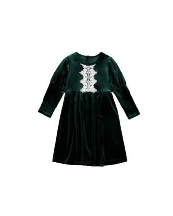 Rochie elegantă fetițe Maya - Catifea verde, aplicație din dantelă, ideală pentru ocazii speciale și ținute de zi cu zi, Verde