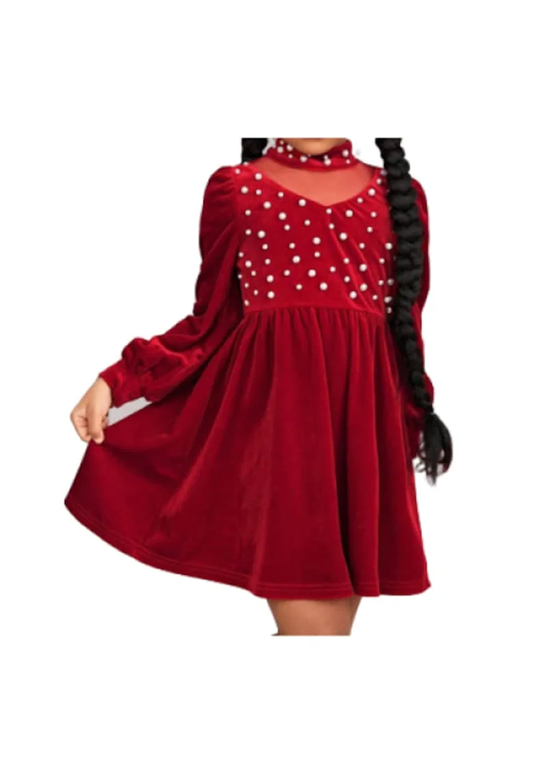 Rochie Fetițe Daisy din Catifea Roșie cu Perle – Eleganță și Confort pentru Orice Ocazie, Rosu