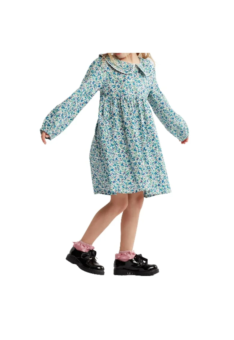 Rochie Fetițe Amelia din Bumbac 100%, Albastră cu Imprimeu Floral – Confortabilă și Elegantă, Albastru deschis