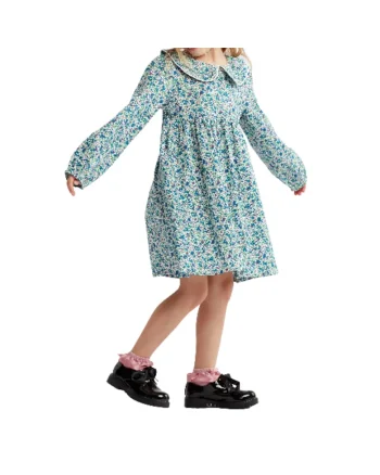 Rochie Fetițe Amelia din Bumbac 100%, Albastră cu Imprimeu Floral – Confortabilă și Elegantă, Albastru deschis