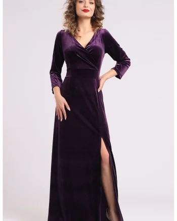 Rochie lunga din catifea cu slit lateral, Mov inchis