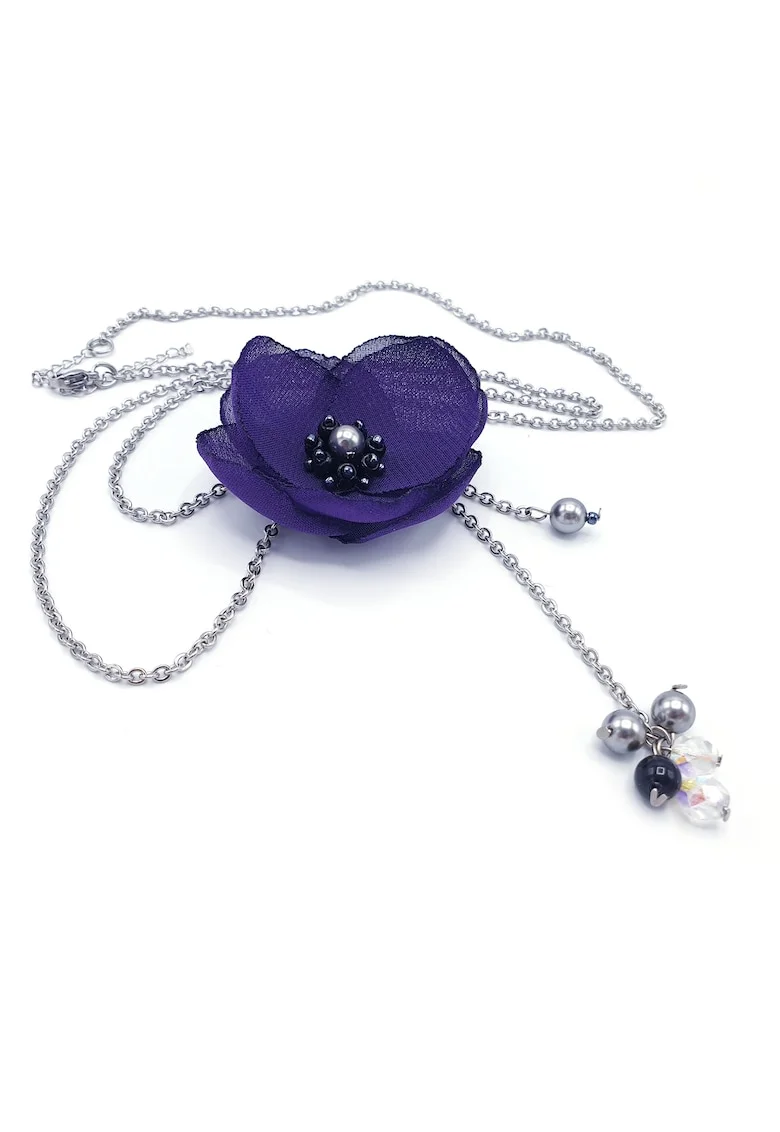 Colier lung elegant, Zia Fashion, Alissa, floare mov, inox, perle