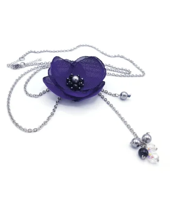 Colier lung elegant, Zia Fashion, Alissa, floare mov, inox, perle