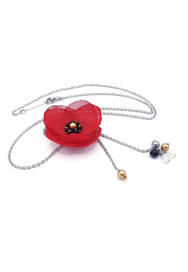 Colier lung elegant, Zia Fashion, Ruby, floare rosie, inox, perle