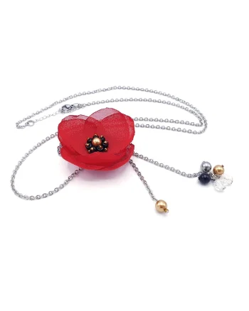 Colier lung elegant, Zia Fashion, Ruby, floare rosie, inox, perle