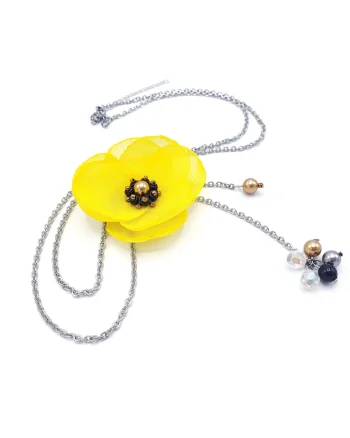 Colier lung elegant, Zia Fashion, Smile, floare galbena, inox, perle