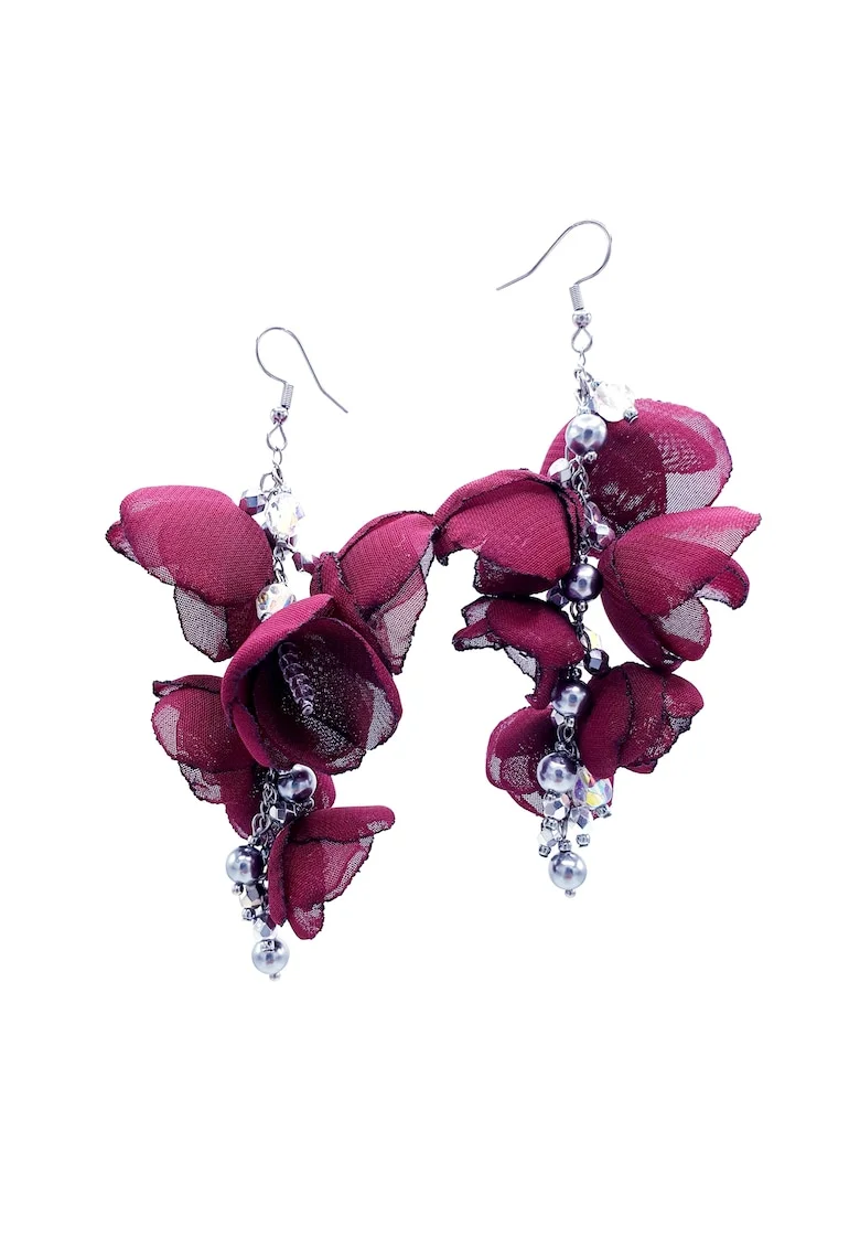 Cercei lungi statement, Zia Fashion, Aniela, flori din voal, perle Mallorca si inox, handmade