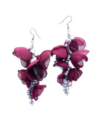 Cercei lungi statement, Zia Fashion, Aniela, flori din voal, perle Mallorca si inox, handmade