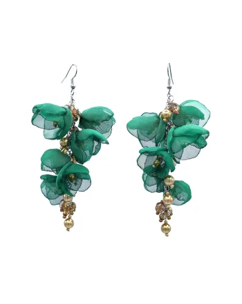 Cercei lungi statement, Zia Fashion, flori din voal, perle Mallorca si inox, handmade, Verde/Auriu