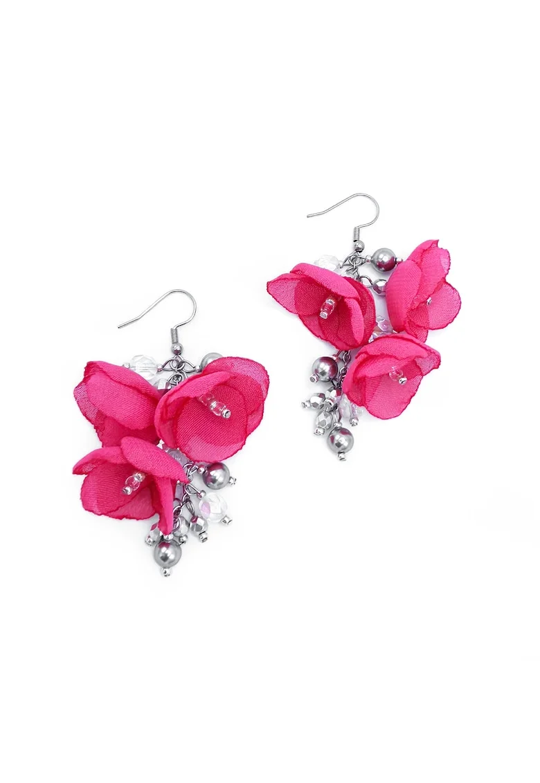 Cercei lungi eleganti, Zia Fashion, flori, handmade, Fucsia/Argintiu