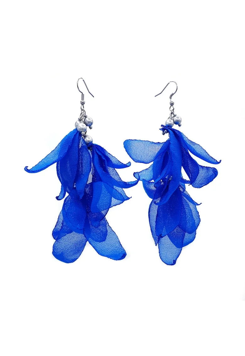 Cercei lungi voluminosi, Zia Fashion, voal, inox, handmade, Albastru/Argintiu