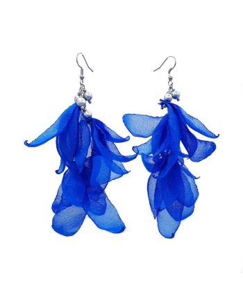 Cercei lungi voluminosi, Zia Fashion, voal, inox, handmade, Albastru/Argintiu