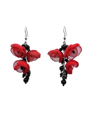 Cercei lungi eleganti, Zia Fashion, flori, handmade, Rosu/Negru