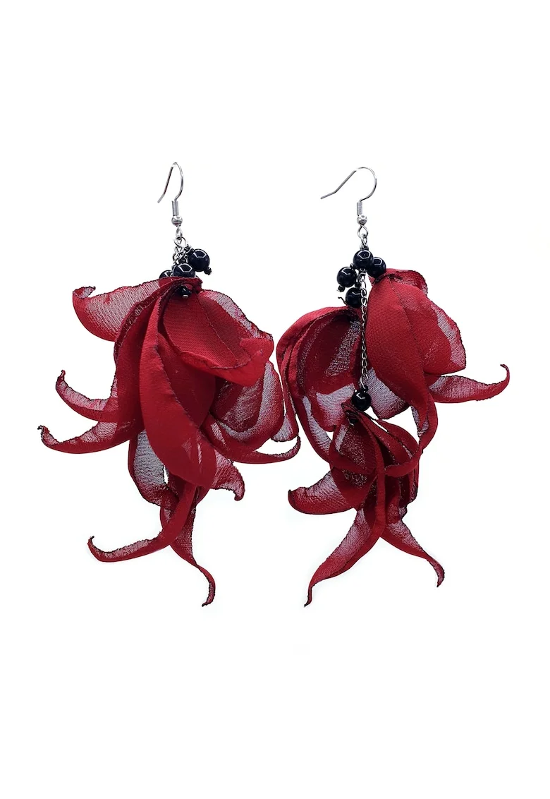 Cercei lungi voluminosi, Zia Fashion, voal, inox, handmade, Visiniu/Negru