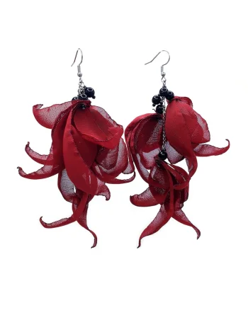 Cercei lungi voluminosi, Zia Fashion, voal, inox, handmade, Visiniu/Negru