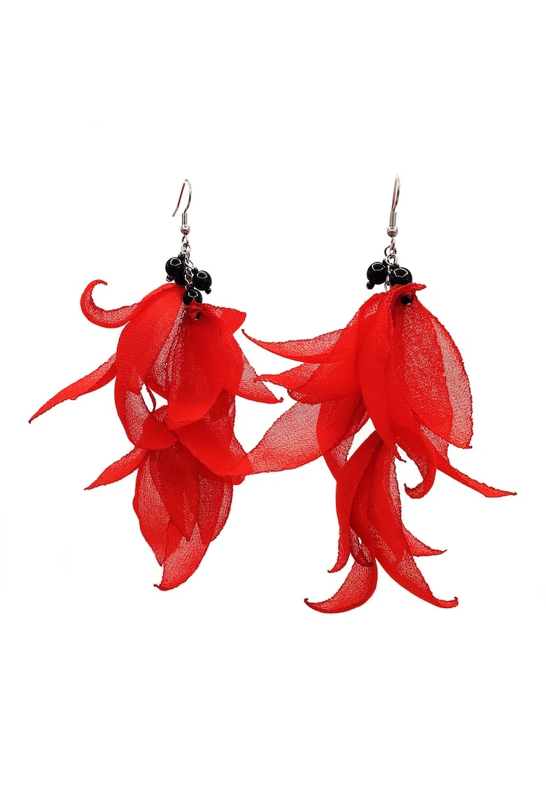 Cercei lungi voluminosi, Zia Fashion, voal, inox, handmade, Rosu/Negru